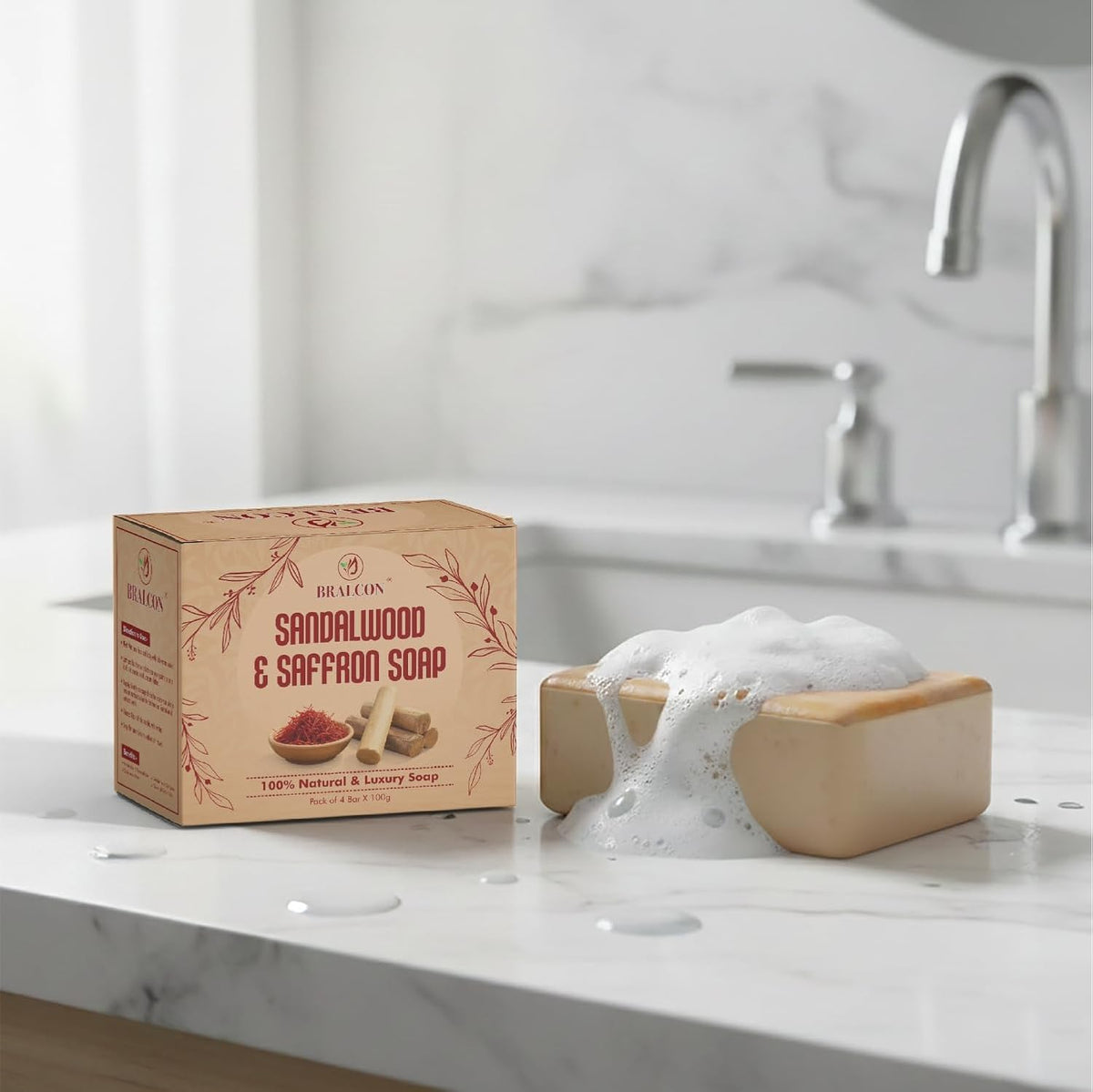Sandalwood and Saffron Natural Luxury Soap, 100g Bars, Pack of 4, 100% Natural Ingredients