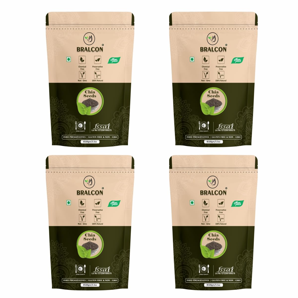 BRALCON Raw Unroasted Organic Chia Seeds - 100g(Pack of 4)