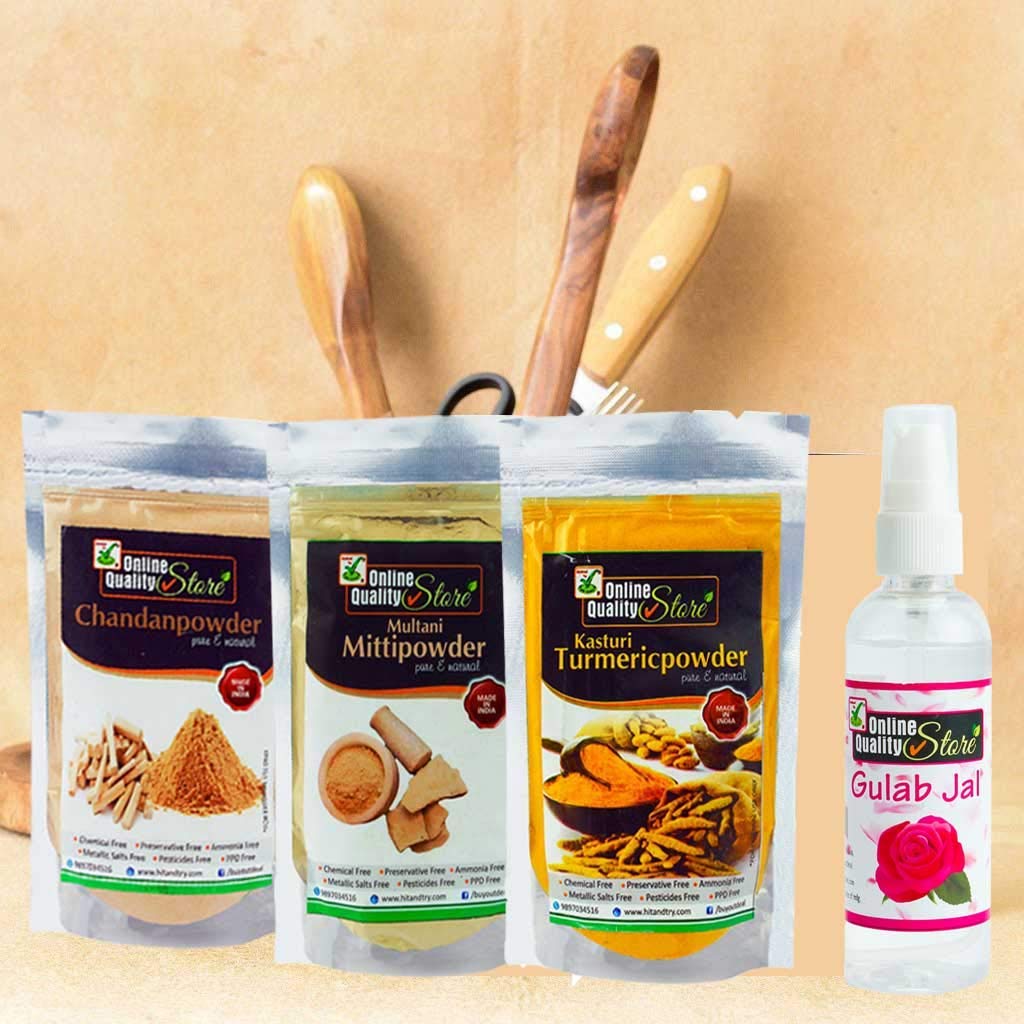 Online Quality Store Herbal Multani Mitti (200g) + Kasturi Turmeric Powder For Face (50g) + Sandalwood Powder Pure Organic For Skin Whitening (50g) + FREE Pure Rose Water (100ml), Combo Pack, 400g