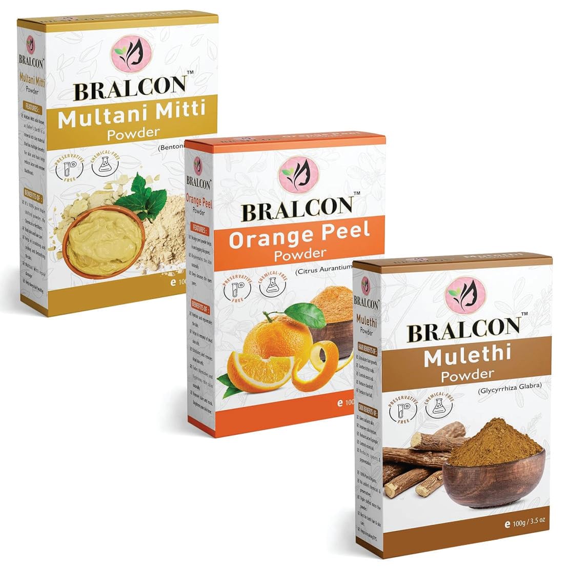BRALCON Multani Mitti, Orange, Mulethi Powder Combo -300g(100g x 3 Pack) for Skin, Face Pack, Hair