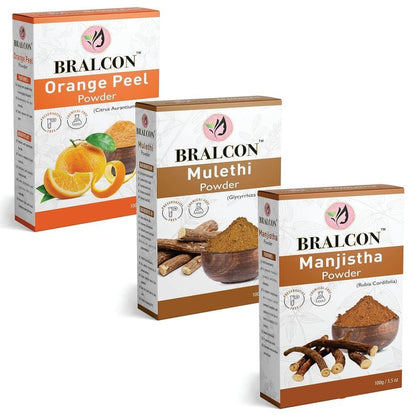 BRALCON Orange, Mulethi, Manjistha Powder Combo -300g(100g x 3 Pack) for Face Masks, Glowing skin, Hair