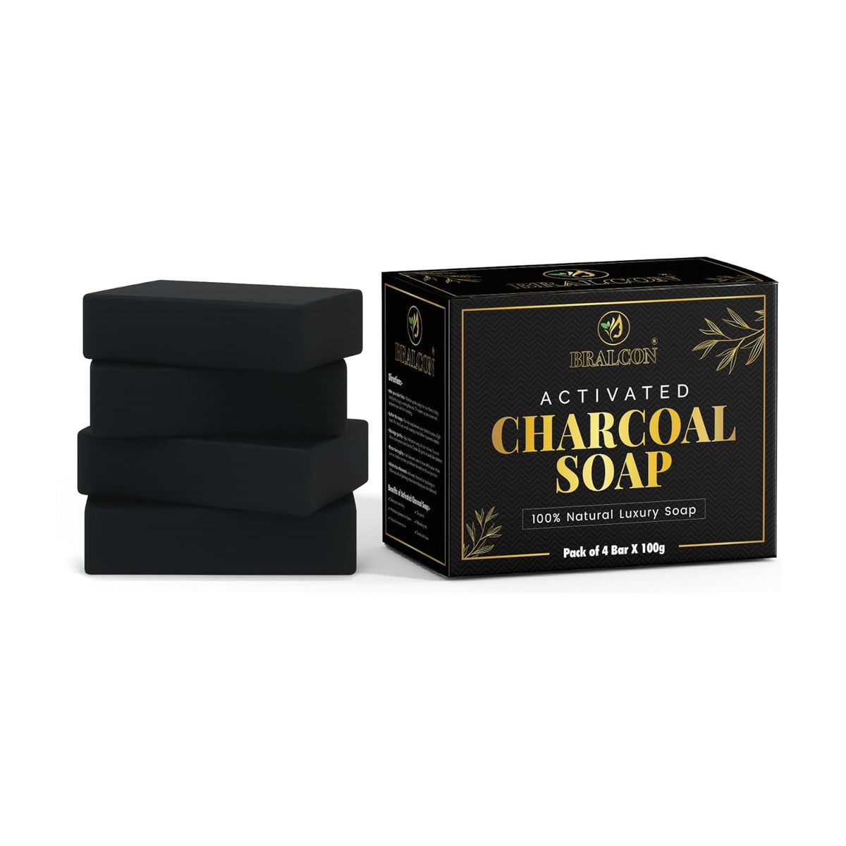 Activated Charcoal Soap, 100% Natural Luxury Bar, Black, Pack of 4, 100g Each