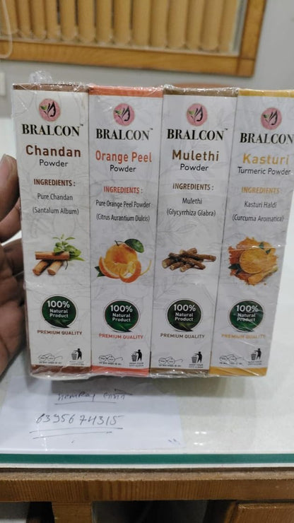 BRALCON Kasturi Haldi, Chandan, Orange, Mulethi Powder Combo-400g(100g x 4 Pack)