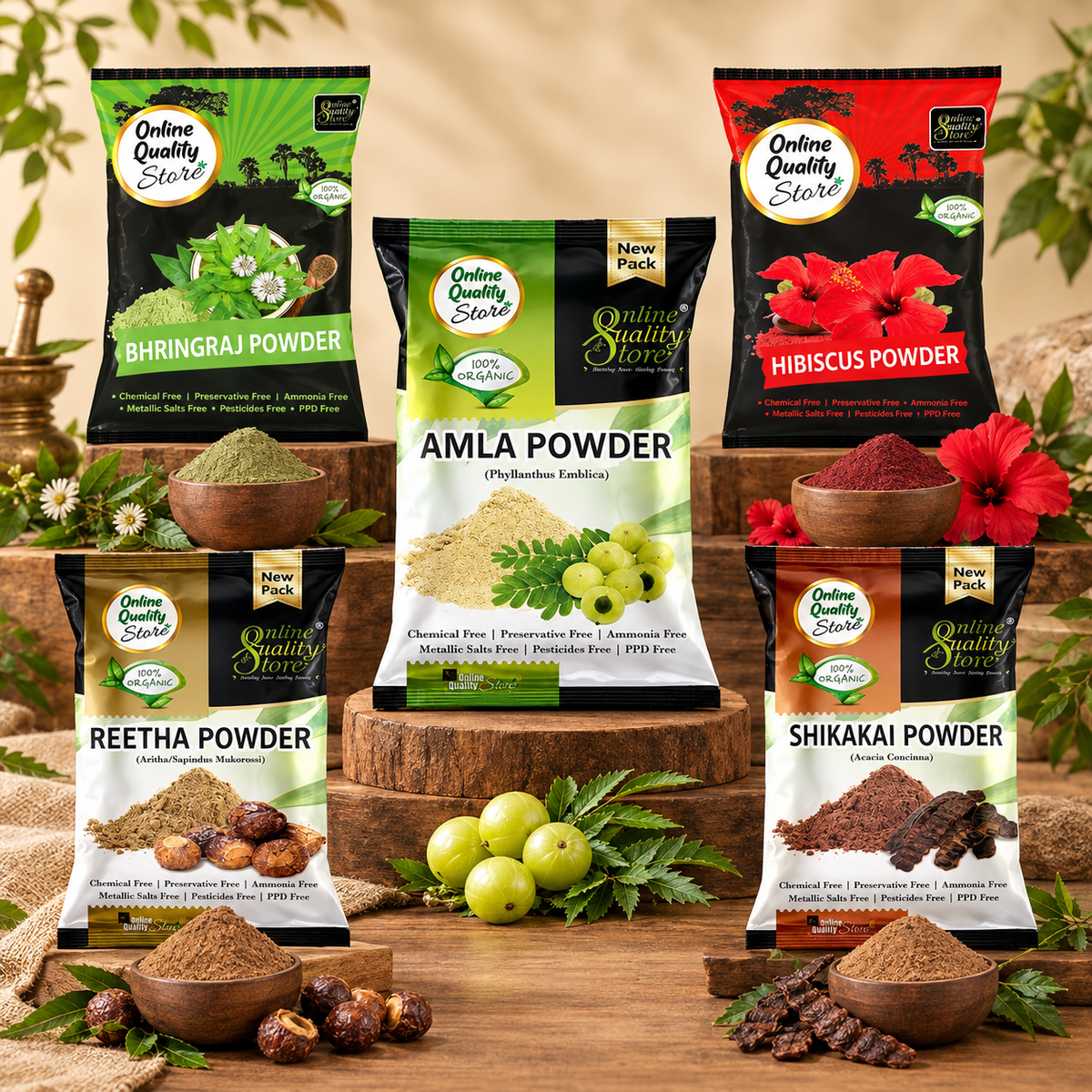 Online Quality Store Amla Reetha Shikakai Bhringraj and Hibiscus Powder for Hair