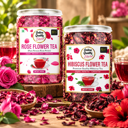 Online Quality Store Organic Hibiscus Flower Tea, Rose Flower Tea Combo- 200g (100g x 2 Pack) | Caffeine Free Herbal Tea | Premium Hibiscus Tea |use for Iced Tea, Cocktails|Improve Digestion| Rose Tea