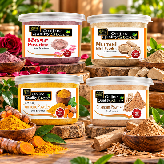 Online Quality Store Multanimitti Powder +Chandan Powder +Kasturi Turmeric Powder +Rose Powder |Multani Mitti (Fuller Earth) Powder Bentonite Clay |sandalwood powder |Kasthuri Manjal Wild Turmeric |natural Face Mask ,500g