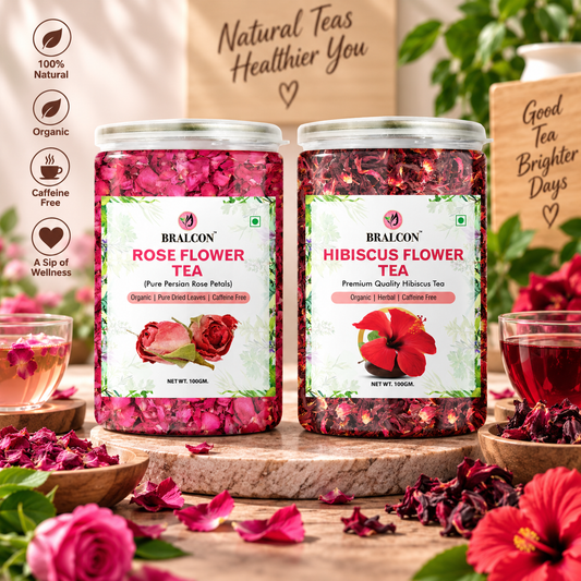 BRALCON Organic Herbal Tea Combo Pack- Hibiscus Flower Tea, Rose Flower Tea- 200g (100g x 2 Pack)