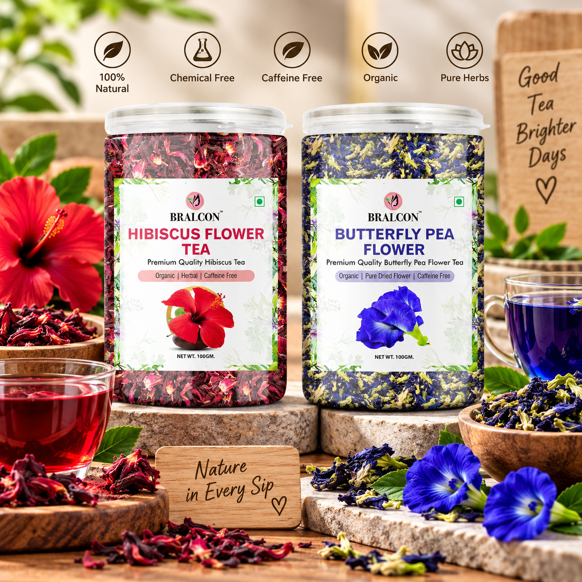 BRALCON Organic Herbal Tea Combo Pack- Hibiscus Flower Tea and Butterfly Pea Flower Tea- 200g(100g x 2 Pack)