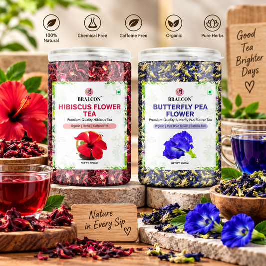 BRALCON Organic Herbal Tea Combo Pack- Hibiscus Flower Tea and Butterfly Pea Flower Tea- 200g(100g x 2 Pack)