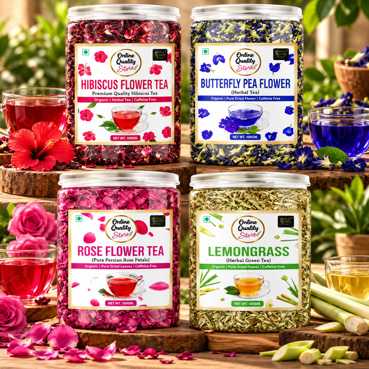 Online Quality Store Organic Hibiscus Flower Tea, Butterfly Pea Flower Tea, Rose Flower Tea, Lemongrass Tea Combo-400g(100g x 4 Pack)|Caffeine Free Herbal Tea|Premium Hibiscus Tea|Rose Tea|Antioxidant