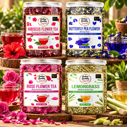 Online Quality Store Organic Hibiscus Flower Tea, Butterfly Pea Flower Tea, Rose Flower Tea, Lemongrass Tea Combo-400g(100g x 4 Pack)|Caffeine Free Herbal Tea|Premium Hibiscus Tea|Rose Tea|Antioxidant