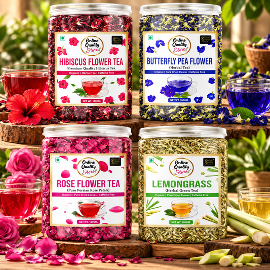 Online Quality Store Organic Hibiscus Flower Tea, Butterfly Pea Flower Tea, Rose Flower Tea, Lemongrass Tea Combo-400g(100g x 4 Pack)|Caffeine Free Herbal Tea|Premium Hibiscus Tea|Rose Tea|Antioxidant