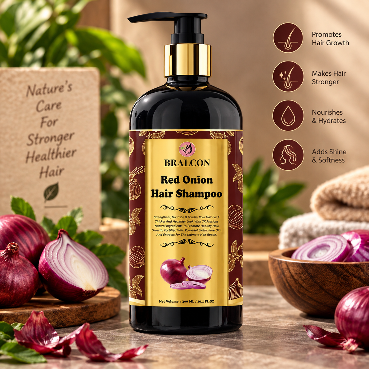BRALCON Red Onion Hair Shampoo, Strengthens and Nourishes Hair - 300 ML