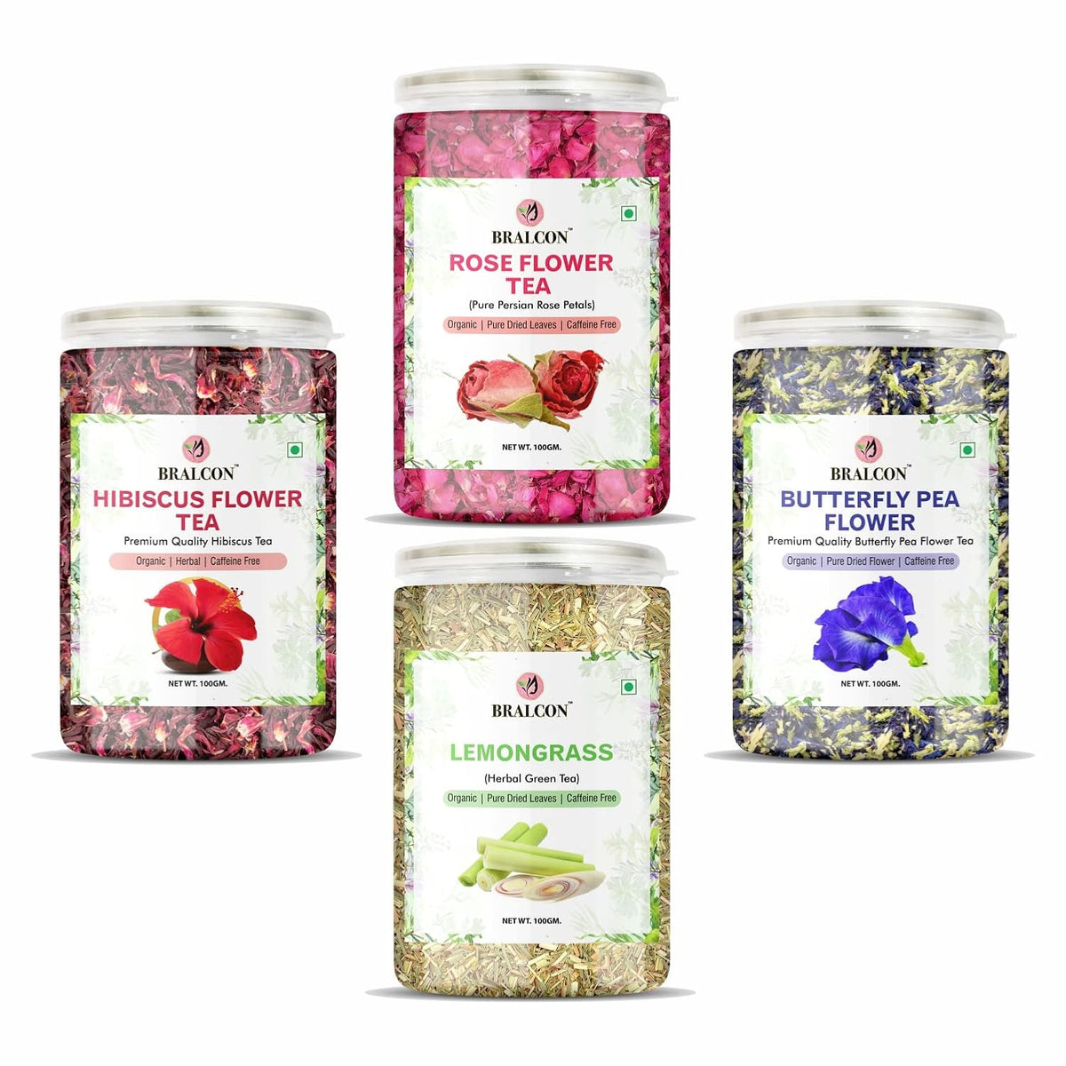 BRALCON Organic Herbal Tea Combo Pack- Hibiscus Flower Tea, Butterfly Pea Flower Tea, Rose Flower Tea, Lemongrass Tea- 400g(100g x 4)