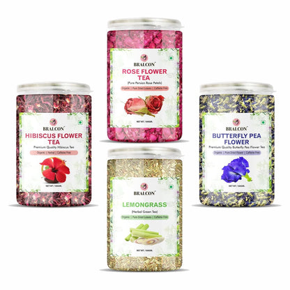 BRALCON Organic Herbal Tea Combo Pack- Hibiscus Flower Tea, Butterfly Pea Flower Tea, Rose Flower Tea, Lemongrass Tea- 400g(100g x 4)