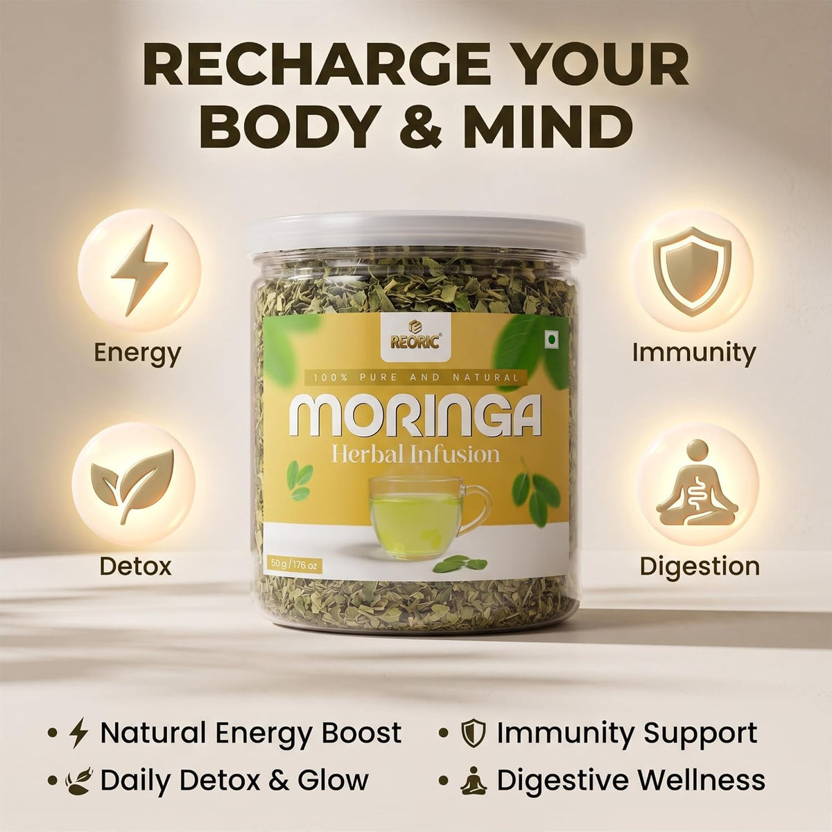 REORIC Moringa Herbal Tea 50g | Premium Dried Moringa Leaves Infusion | Smooth & Earthy Green Beverage | Daily Refreshment Drink