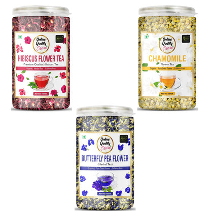 Online Quality Store Combo of Butterfly Pea Tea, Hibiscus Flower Tea, Chamomile Flower Tea -100g Each