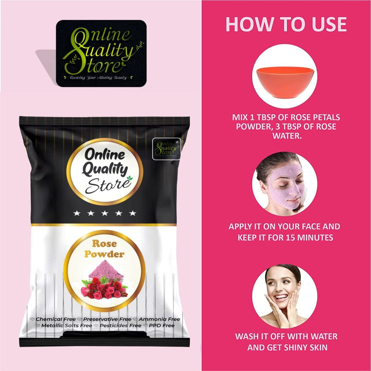 Online Quality Store Organic Rose Petal Powder - 100g |100% Pure & Natural Rose Powder for Tanning & Glowing Skin|Rosa indica for Facial & Skin Care|Skin Whitening Face Pack|Face Mask