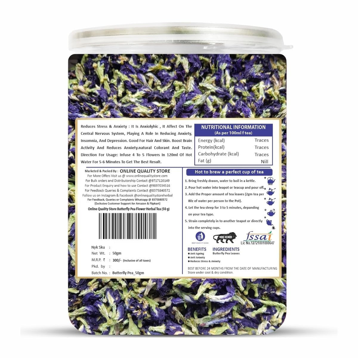 Online Quality Store Organic Butterfly Pea Flower Tea-50 Gram|Blue Pea Tea|Relieves Stress|Hot Tea, Iced Tea|Caffeine Free Herbal Tea