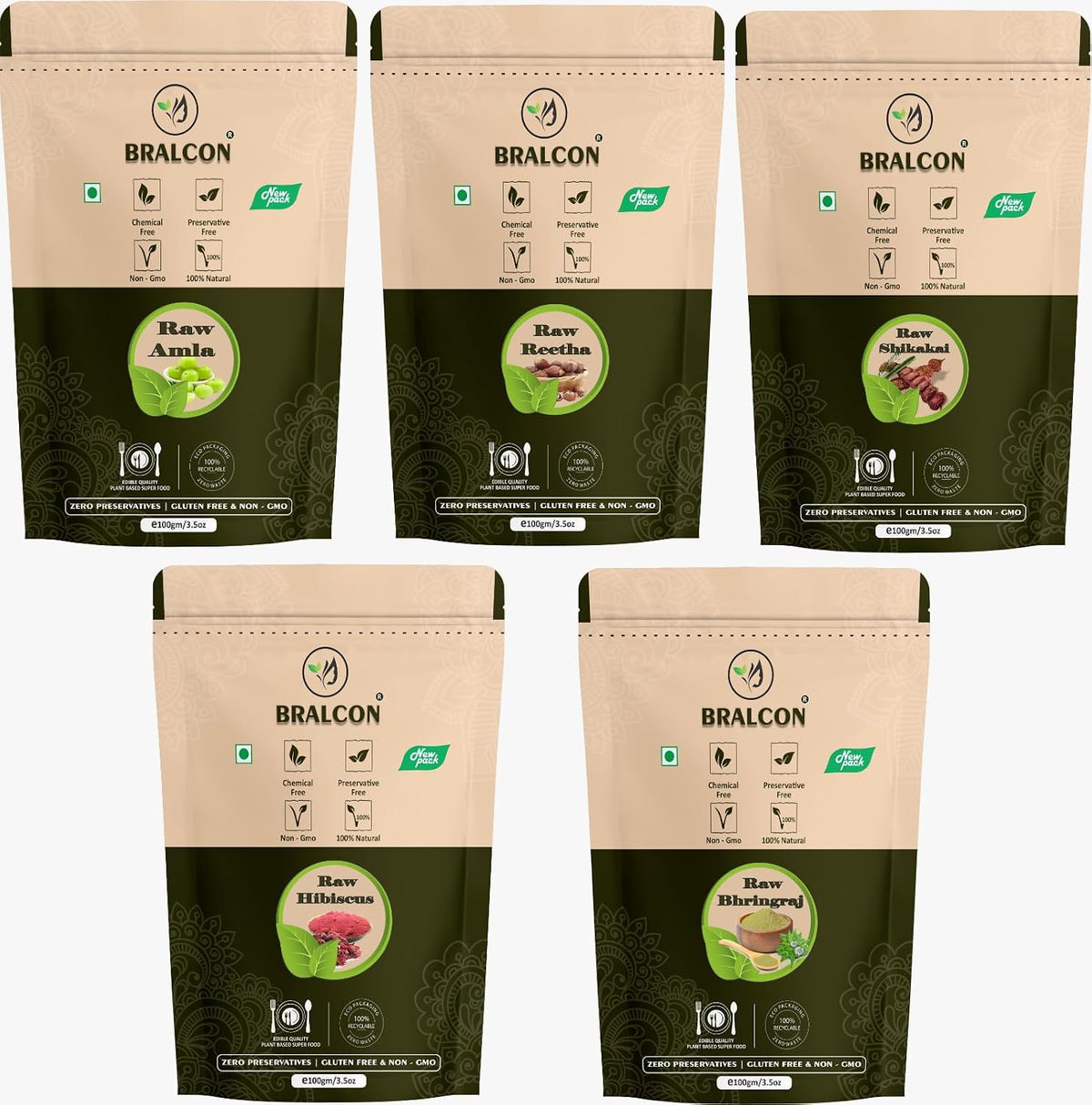 BRALCON Organic Raw Reetha, Amla, Shikakai, bhringraj, Hibiscus Combo- 500g(100g x 5 Pack)
