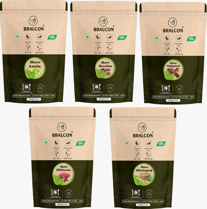 BRALCON Organic Raw Reetha, Amla, Shikakai, bhringraj, Hibiscus Combo- 500g(100g x 5 Pack)