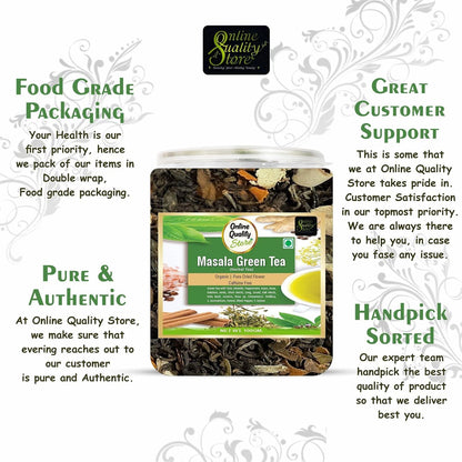 Online Quality Store Organic Masala Green Tea - 100g | Blended with Green Tea & Ayurvedic Herbs | Herbal Green Tea Leaves | Whole Green Tea Leaf