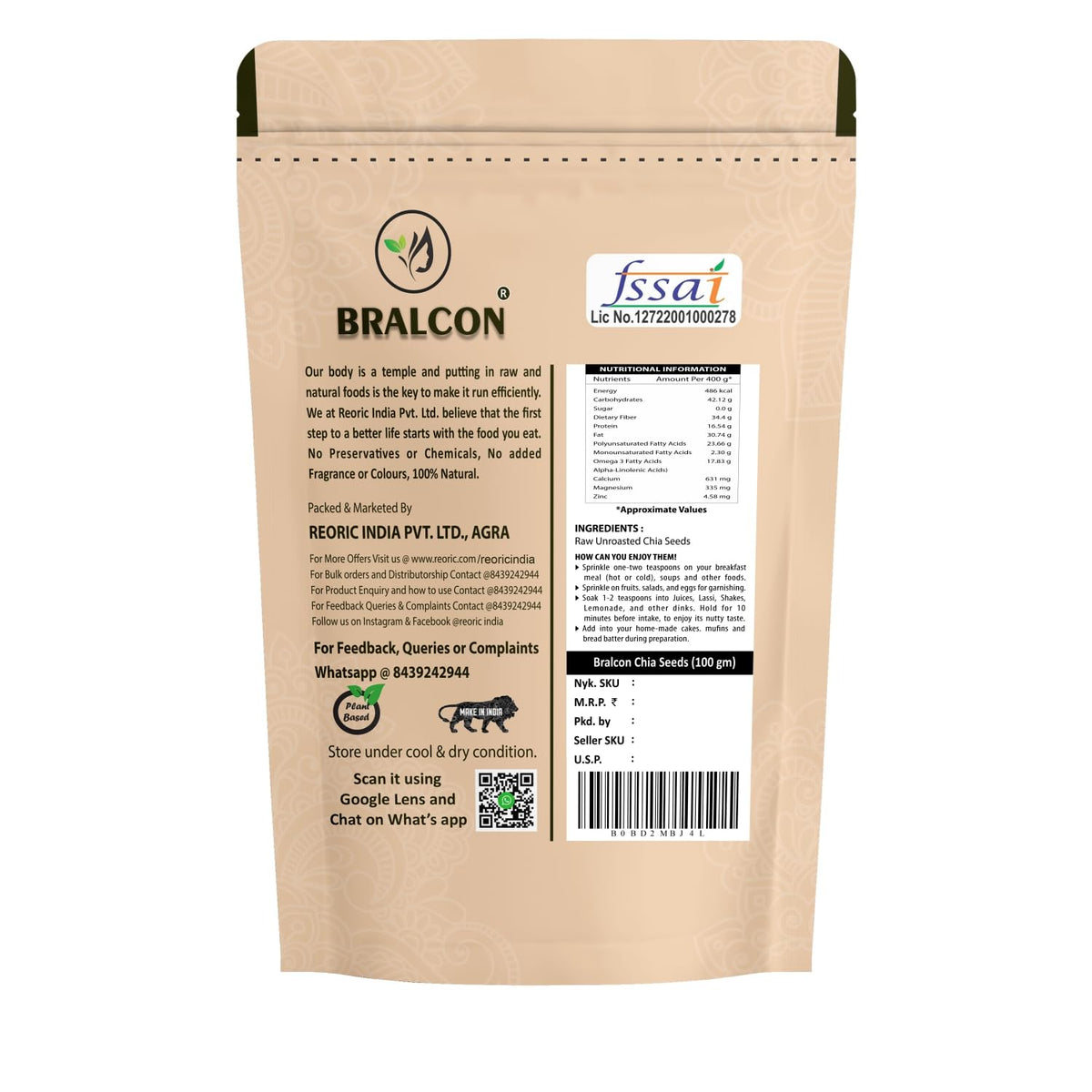 BRALCON Seeds Combo of Chia, Watermelon, Pumpkin, Sunflower, Flax Seeds - 500g (5 x 100g Each Pack)