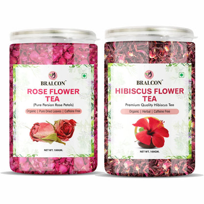 BRALCON Organic Herbal Tea Combo Pack- Hibiscus Flower Tea, Rose Flower Tea- 200g (100g x 2 Pack)