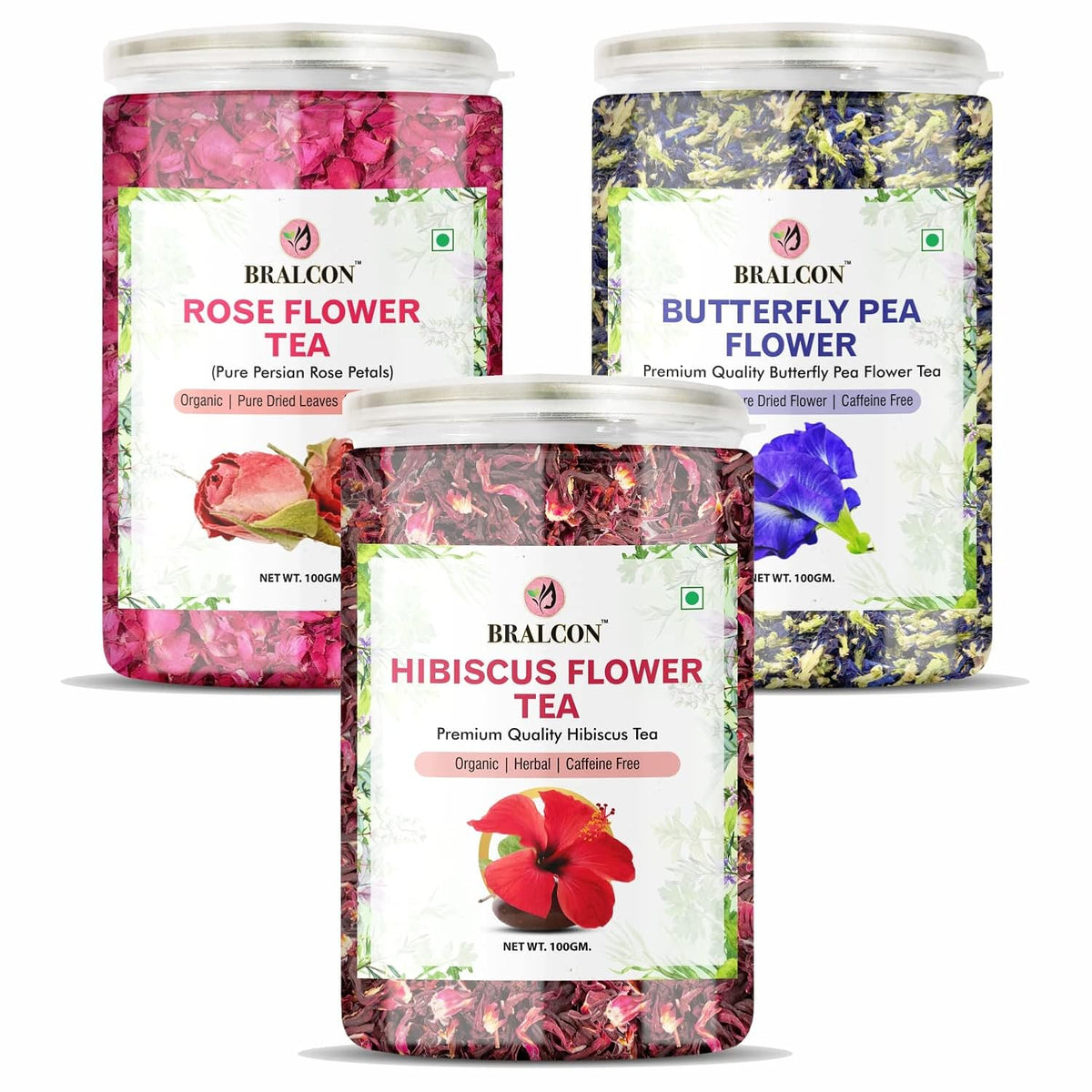 BRALCON Organic Herbal Tea Combo Pack- Hibiscus Flower Tea, Butterfly Pea Flower Tea, Rose Flower Tea- 300g(100g x 3 Pack)