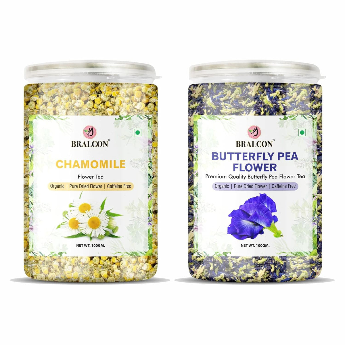 BRALCON Organic Herbal Tea Combo Pack- Butterfly Pea Flower Tea and Chamomile Flower Tea- 200g(100g x 2 Pack)