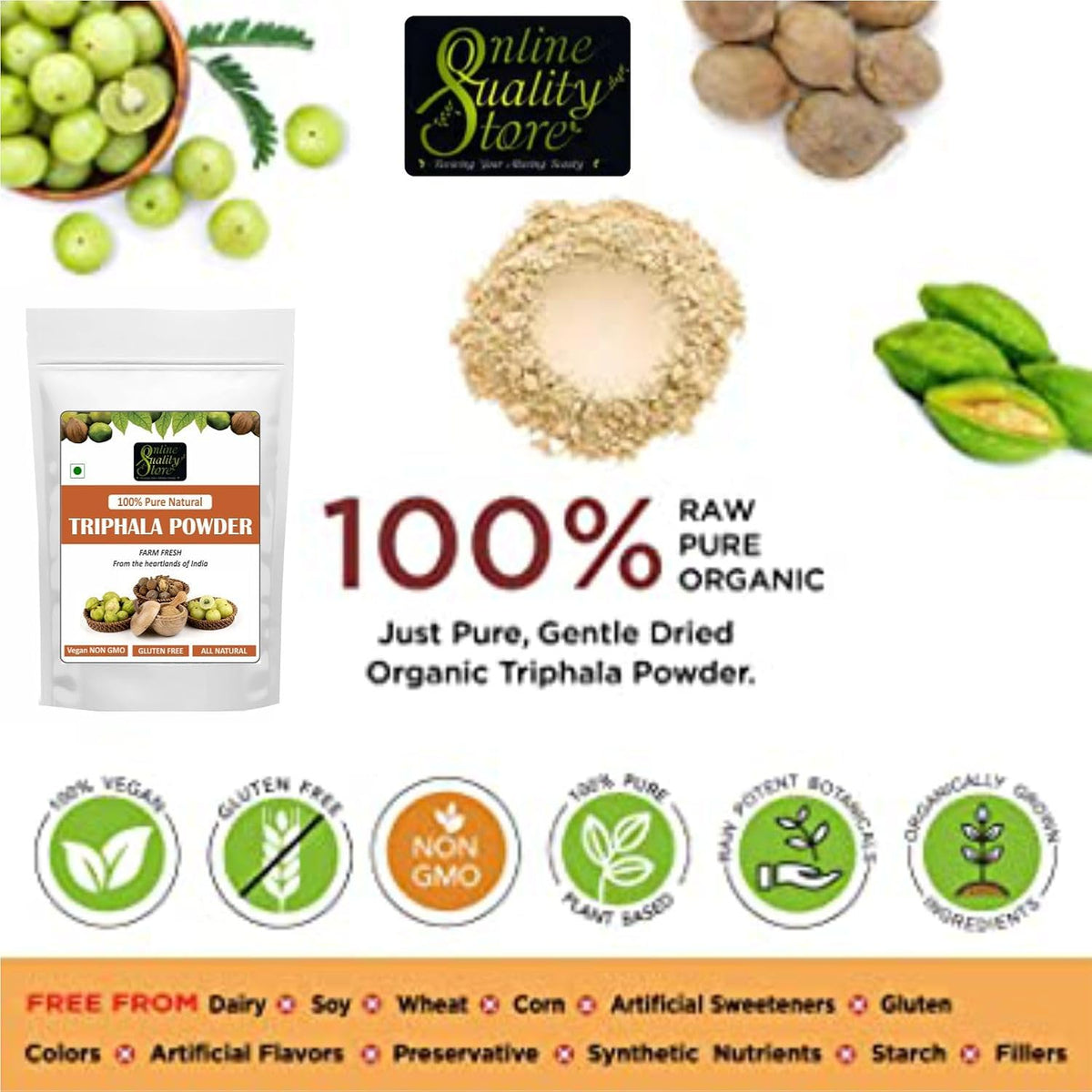 Online Quality Store Triphala Powder - 100g for eating, hair and skin, churna powder of Amla, Behada, Harada