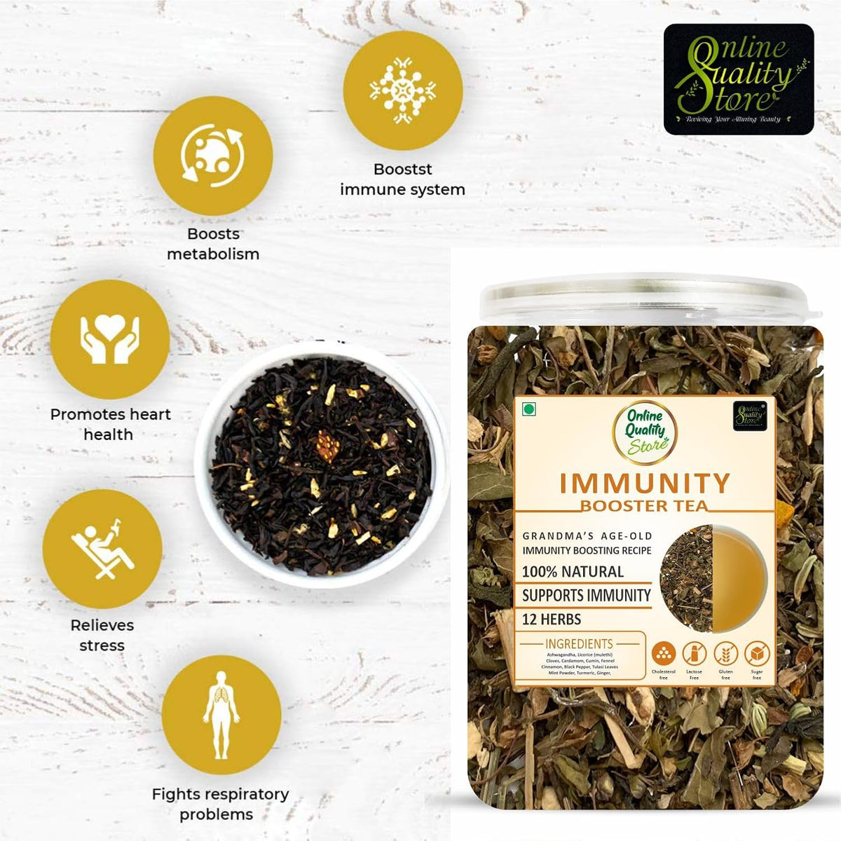 Online Quality Store Immunity Booster Tea - 100g | Blended with 12 Herbs (Ashwagandha, Licorice, Cloves, Cardamom, Cumin, Fennel, Cinnamon, Black Pepper, Tulsi Leaves, Mint Powder, Turmeric, Ginger)
