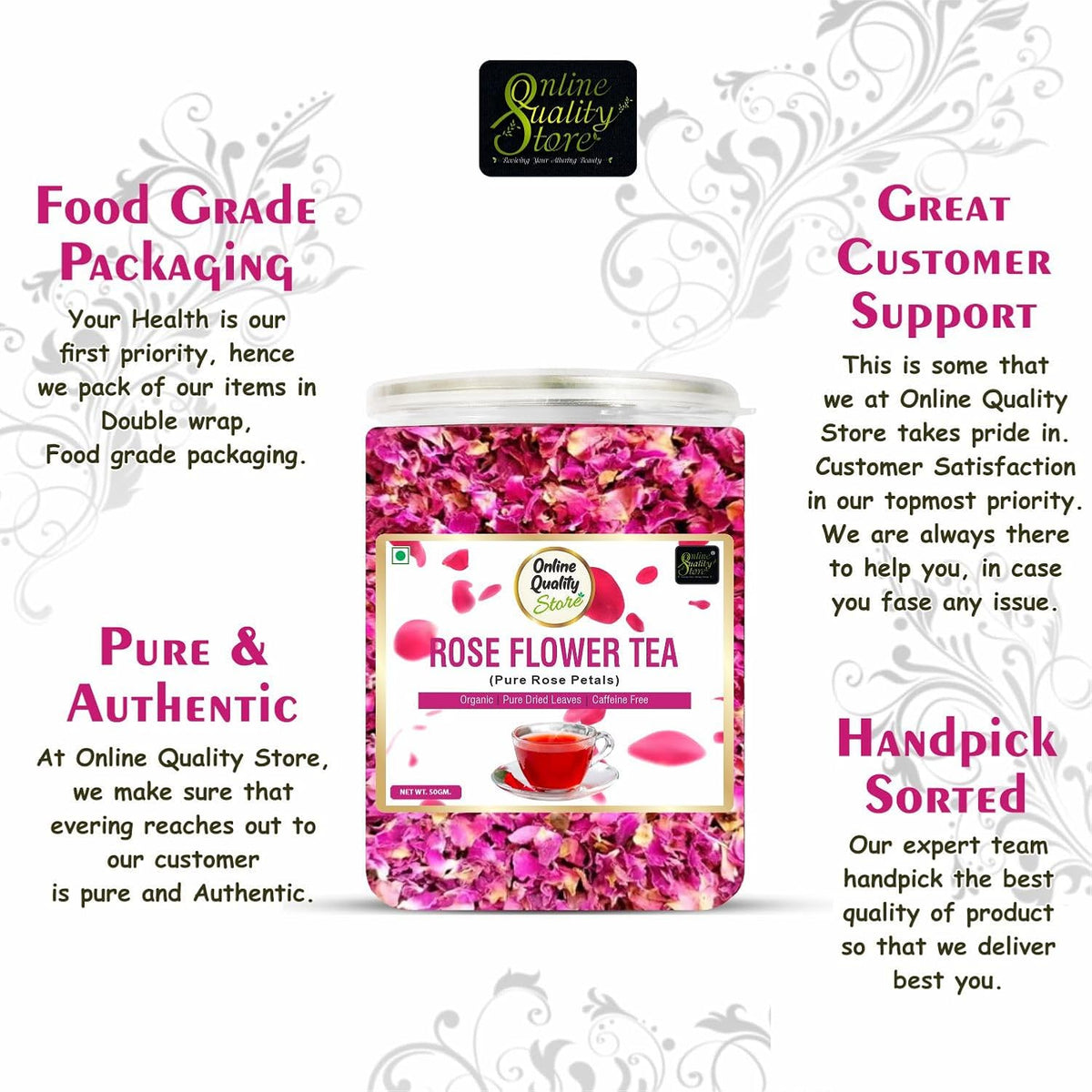 Online Quality Store Organic Rose Flower Tea - 50g | Pure Rose Petals | Caffeine Free Herbal Tea | Use for Iced Tea, Cocktails
