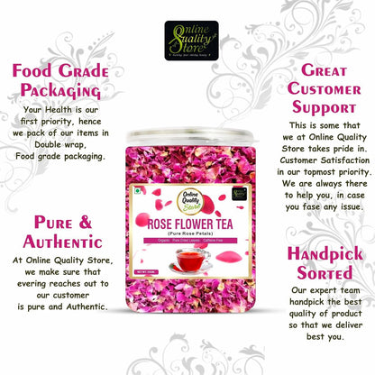 Online Quality Store Organic Rose Flower Tea - 50g | Pure Rose Petals | Caffeine Free Herbal Tea | Use for Iced Tea, Cocktails