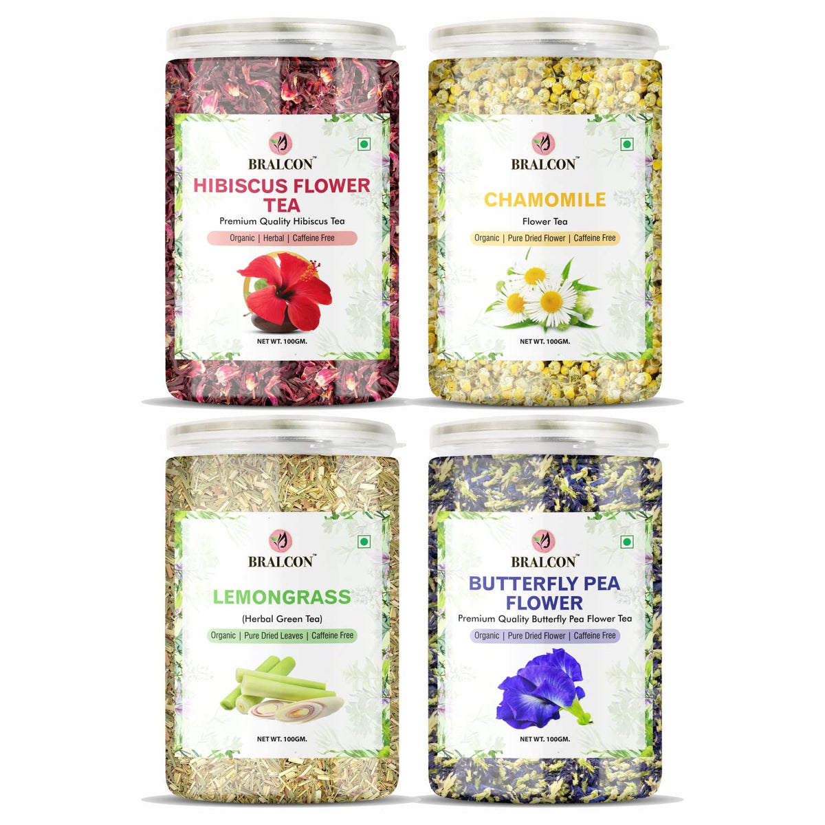 BRALCON Hibiscus Flower Tea,Butterfly Pea Flower Tea,Chamomile Flower Tea,Lemongrass Tea-400g(100g x 4 Pack)