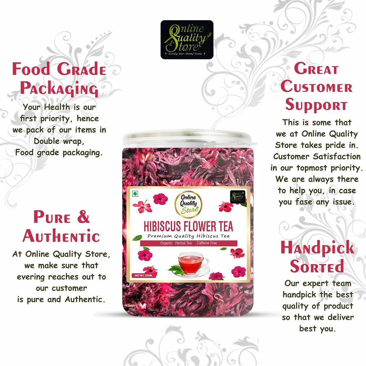 Online Quality Store Organic Hibiscus Flower Tea - 50Gram|Hibiscus Tea Leaves|Natural Hibiscus Flower Tea Whole Leaf Used For Iced Tea