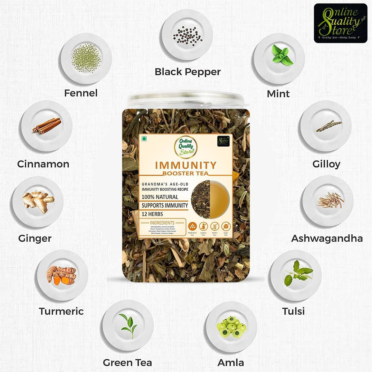 Online Quality Store Immunity Booster Tea - 100g | Blended with 12 Herbs (Ashwagandha, Licorice, Cloves, Cardamom, Cumin, Fennel, Cinnamon, Black Pepper, Tulsi Leaves, Mint Powder, Turmeric, Ginger)