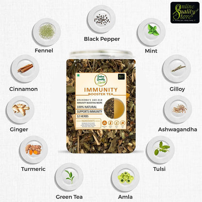 Online Quality Store Immunity Booster Tea - 100g | Blended with 12 Herbs (Ashwagandha, Licorice, Cloves, Cardamom, Cumin, Fennel, Cinnamon, Black Pepper, Tulsi Leaves, Mint Powder, Turmeric, Ginger)