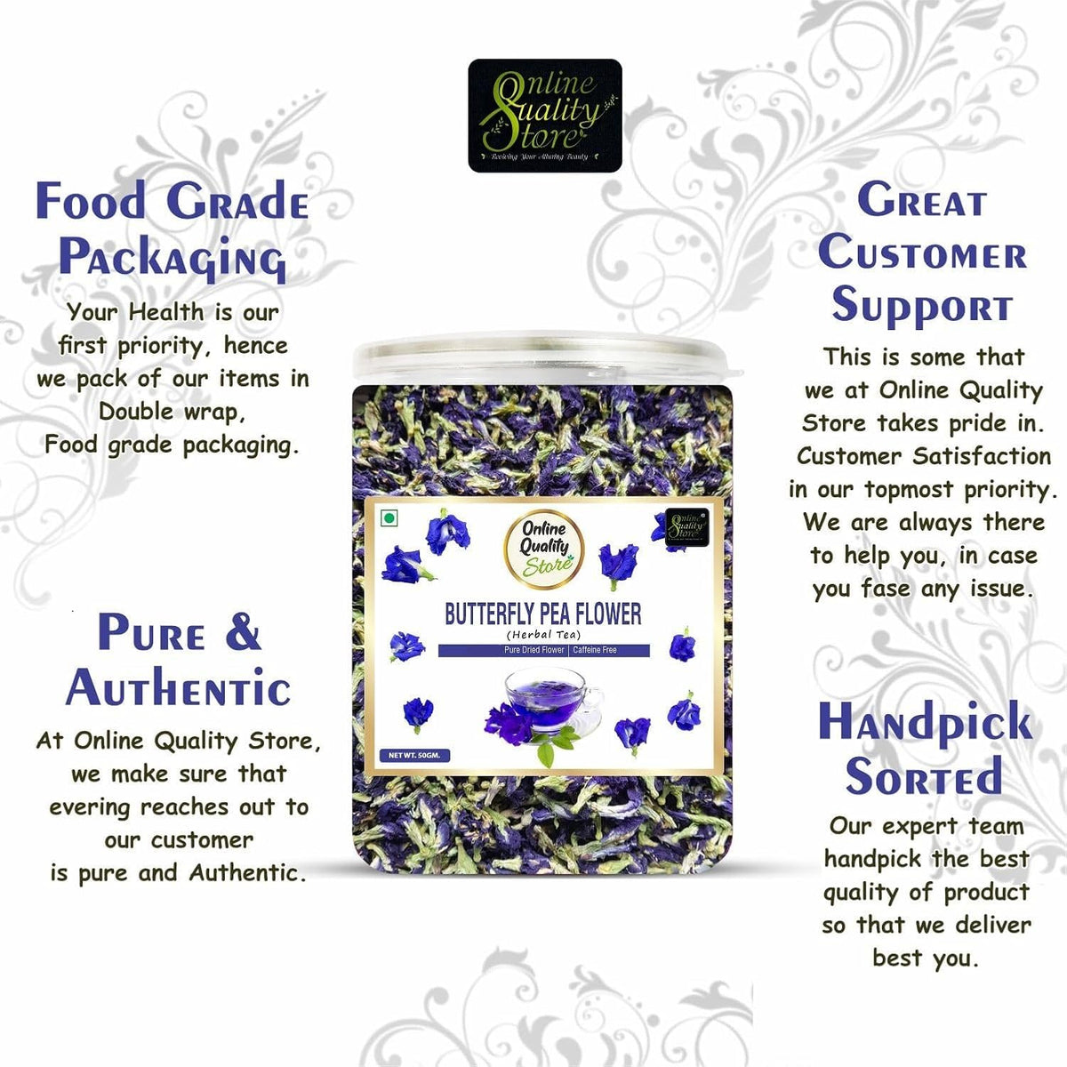 Online Quality Store Organic Butterfly Pea Flower Tea-50 Gram|Blue Pea Tea|Relieves Stress|Hot Tea, Iced Tea|Caffeine Free Herbal Tea
