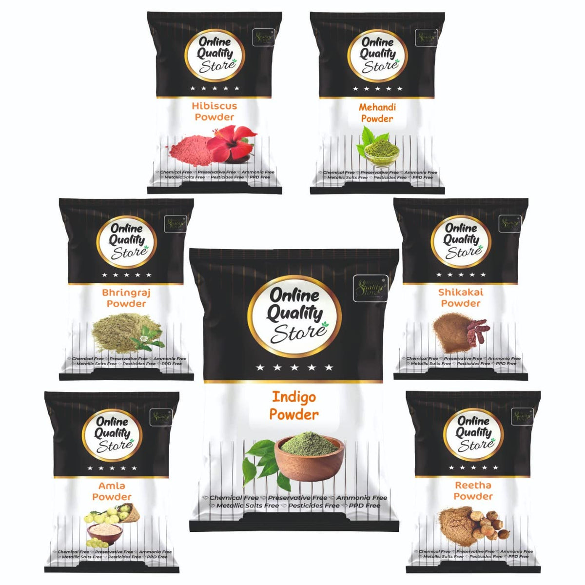 Online Quality Store Reetha (100g) + Amla (100g) + Shikakai (100g) + Bhringraj (100g) + Hibiscus (100g) + Mehandi (100g) + FREE Indigo (100g) Powder For Hairs, 700g