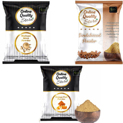 Online Quality Store Chandan Powder Original (100g) + Orange Peel Powder For Skin Whitening (100g) + Multani Mitti Powder (100g) Herbal Face Packs, 300g
