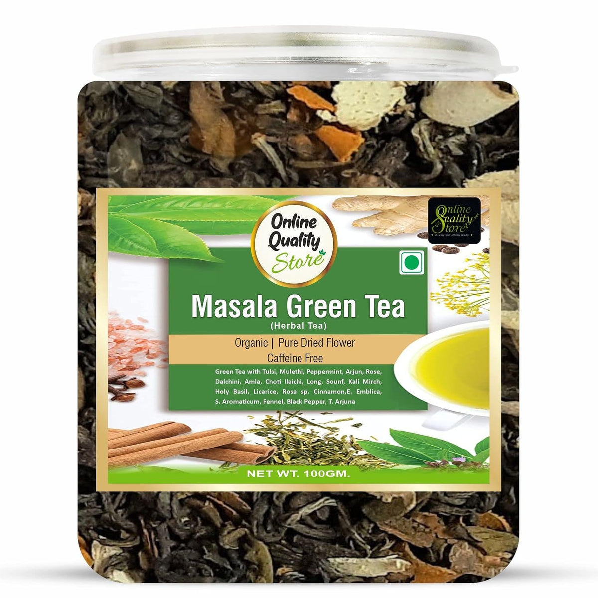 Online Quality Store Organic Masala Green Tea - 100g | Blended with Green Tea & Ayurvedic Herbs | Herbal Green Tea Leaves | Whole Green Tea Leaf