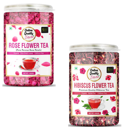 Online Quality Store Organic Hibiscus Flower Tea, Rose Flower Tea Combo- 200g (100g x 2 Pack) | Caffeine Free Herbal Tea | Premium Hibiscus Tea |use for Iced Tea, Cocktails|Improve Digestion| Rose Tea