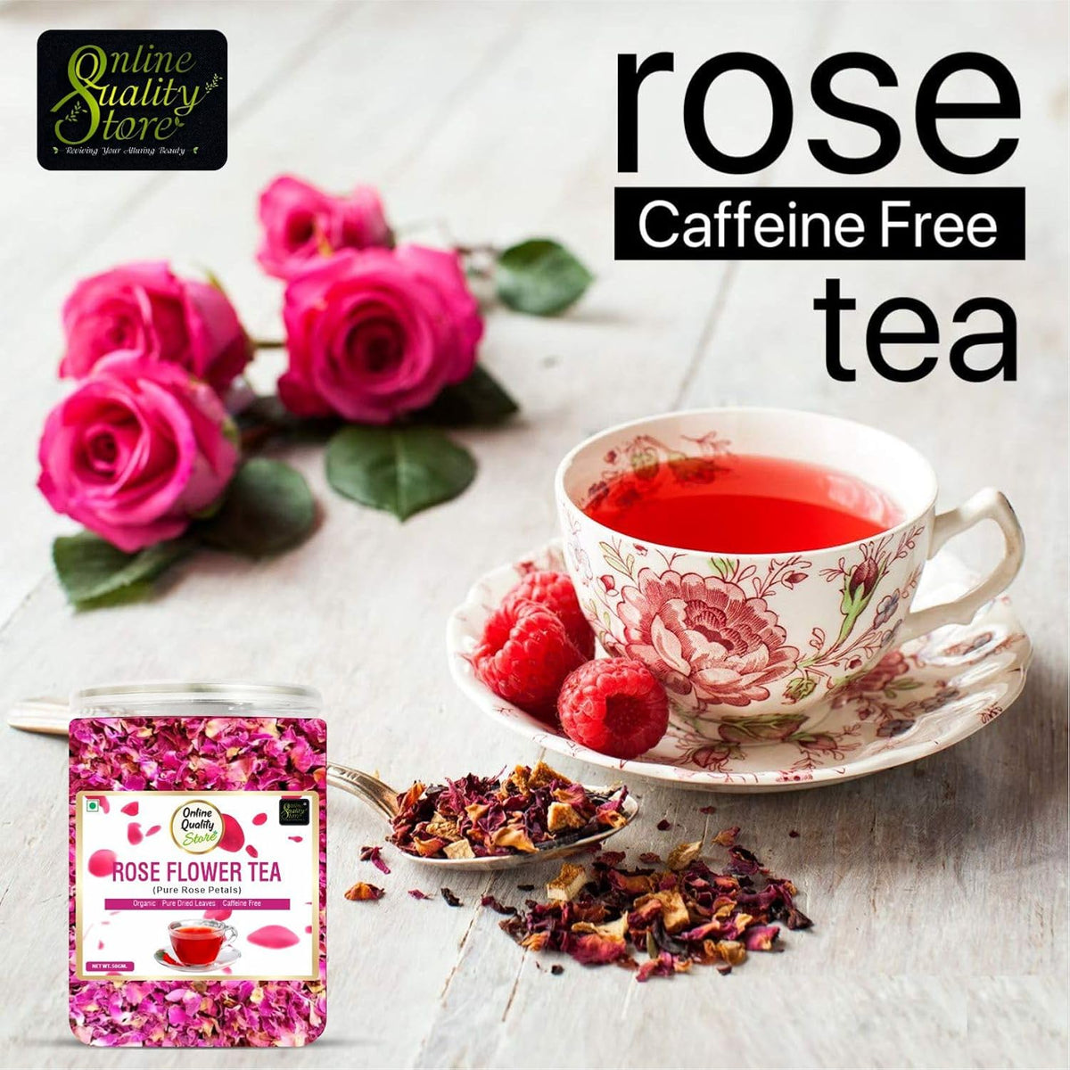 Online Quality Store Organic Rose Flower Tea - 50g | Pure Rose Petals | Caffeine Free Herbal Tea | Use for Iced Tea, Cocktails