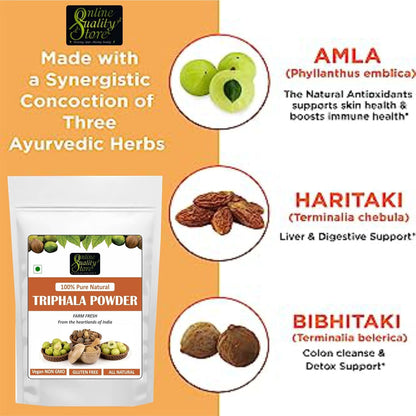 Online Quality Store Triphala Powder - 100g for eating, hair and skin, churna powder of Amla, Behada, Harada
