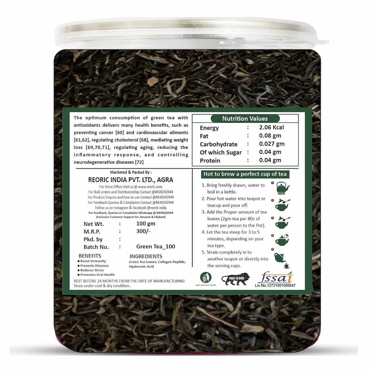 BRALCON Organic Green Tea - 100g | 100% Pure & Natural Herbal Leaves | Whole Long Leaf | Boost immunity