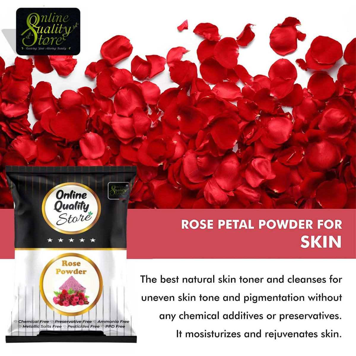 Online Quality Store Organic Rose Petal Powder - 100g |100% Pure & Natural Rose Powder for Tanning & Glowing Skin|Rosa indica for Facial & Skin Care|Skin Whitening Face Pack|Face Mask