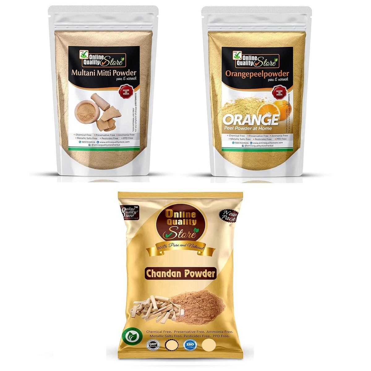 Online Quality Store Chandan Powder Original (100g) + Orange Peel Powder For Skin Whitening (100g) + Multani Mitti Powder (100g) Herbal Face Packs, 300g
