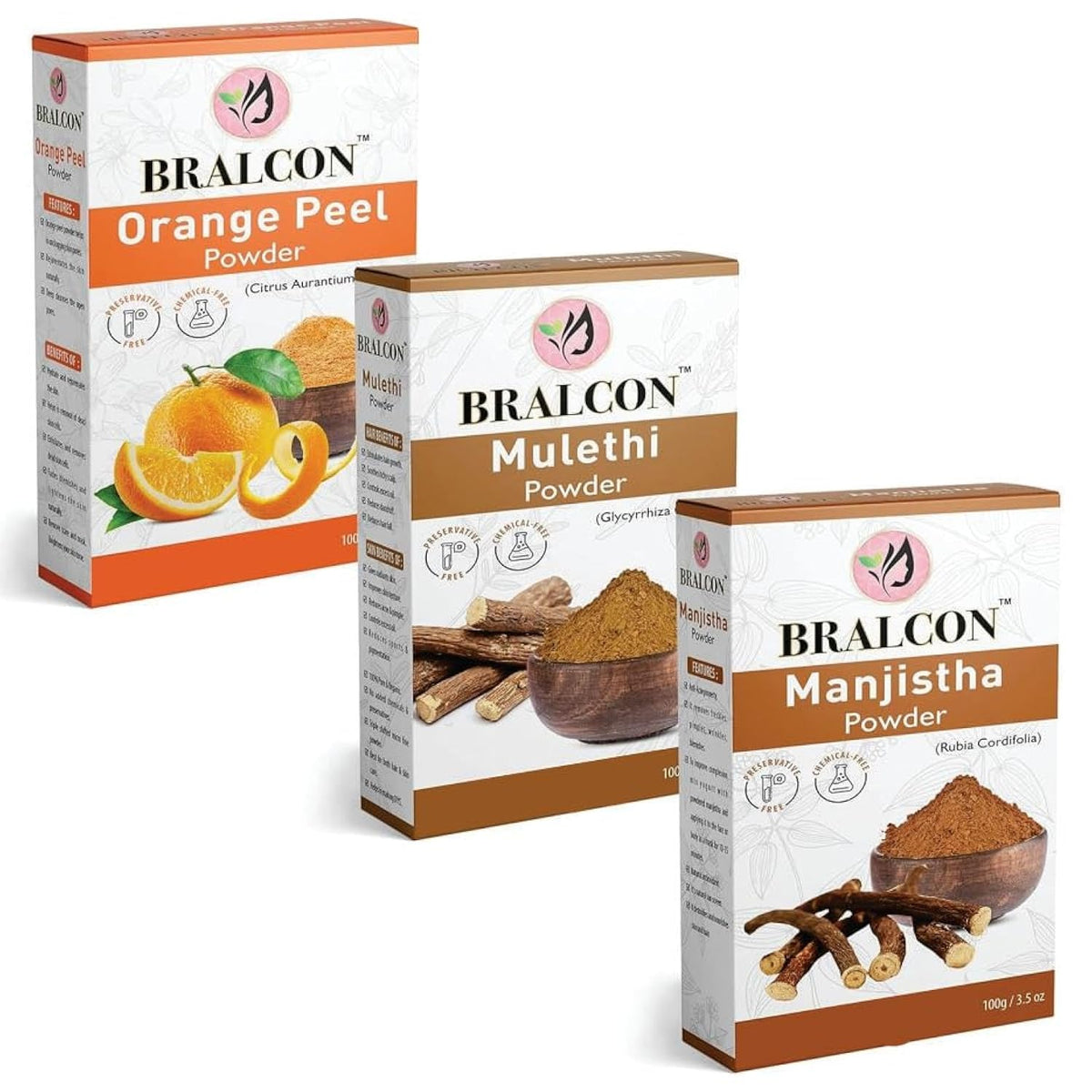 BRALCON Orange, Mulethi, Manjistha Powder Combo -300g(100g x 3 Pack) for Face Masks, Glowing skin, Hair