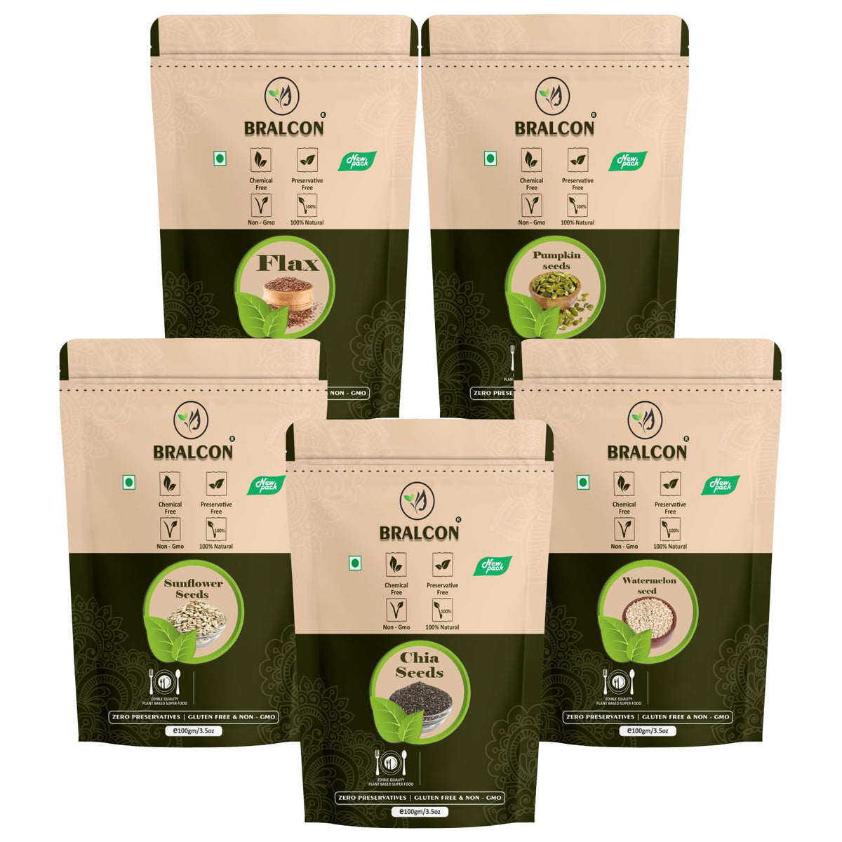 BRALCON Seeds Combo of Chia, Watermelon, Pumpkin, Sunflower, Flax Seeds - 500g (5 x 100g Each Pack)